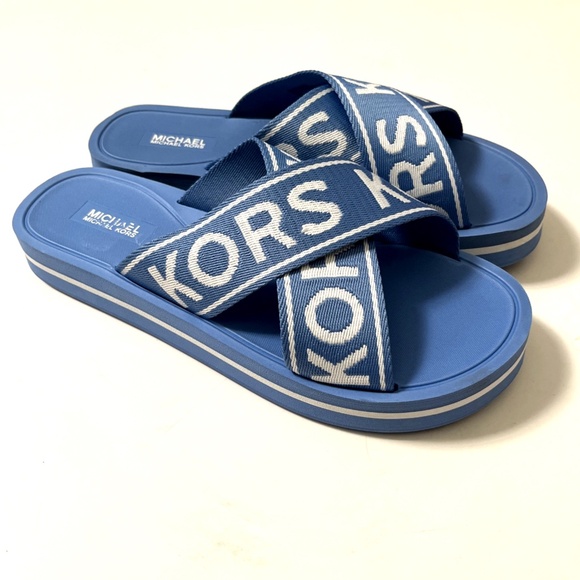 NWOB MICHAEL KORS Crossover Slide Sandal Signature Logo Blue Fabric Canvas - Picture 3 of 5
